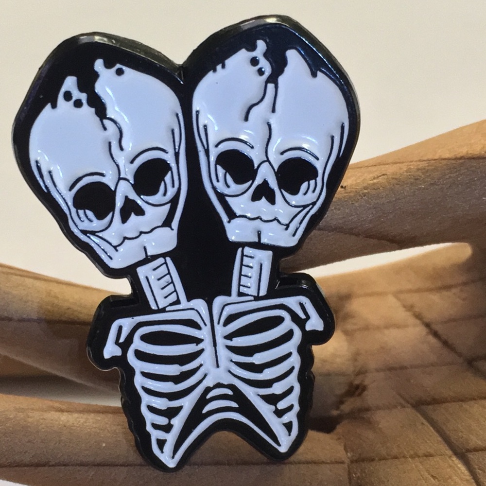 Conjoined twins skeleton enamel & metal pin NIB